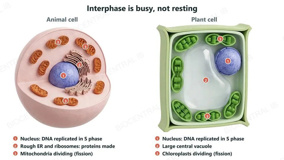 Two cut-open interphase cells with numbered labels. Left, an animal cell: 1 the nucleus, where DNA is replicated in S phase; 2 rough endoplasmic reticulum with ribosomes, where proteins are made; and 3 the three mitochondria that are pinching into two among the others. Right, a plant cell: 1 the nucleus; 2 a large central vacuole; and 3 chloroplasts, two of which are pinching into two.