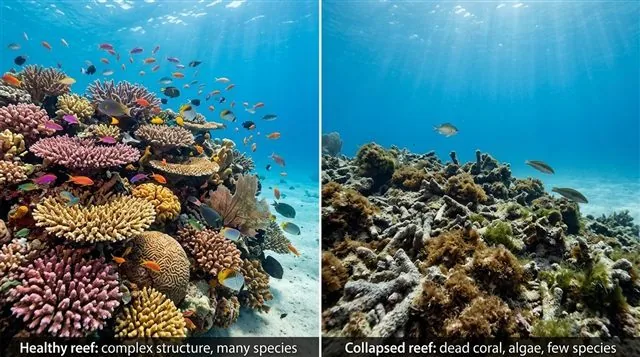 A healthy coral reef with many fish and complex coral structure beside a collapsed reef of dead coral rubble, algae and only a few fish
