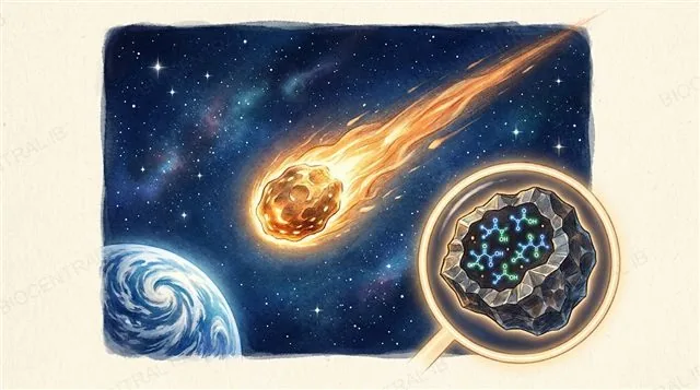 A glowing meteorite streaking toward Earth with amino acid molecules visible inside a cross-section