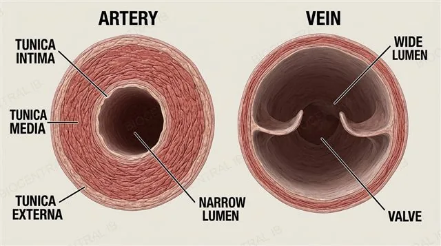 Side-by-side cross sections of an artery and a vein, each showing tunica intima, tunica media and tunica externa layers, with the artery having a thick tunica media and narrow lumen and the vein having a thin tunica media, wide lumen and an internal valve, labeled