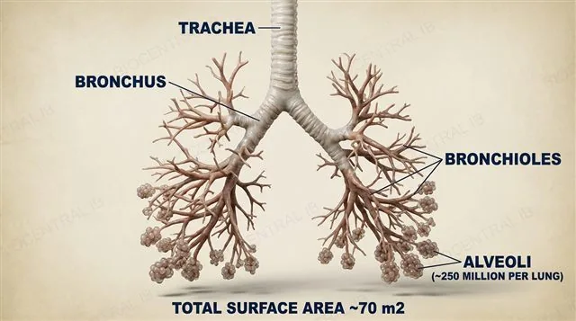 The branching airway of a mammalian lung from trachea to bronchi to bronchioles ending in clusters of alveoli, labeled