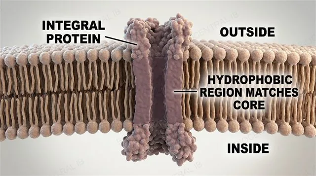 An integral protein spanning completely through the phospholipid bilayer, with hydrophobic amino acids matching the hydrophobic core, labeled