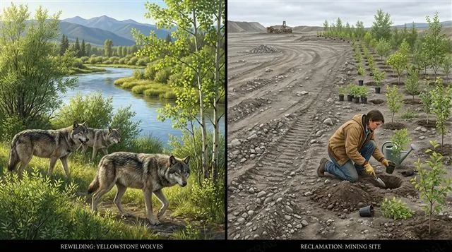Grey wolves being reintroduced to Yellowstone National Park, illustrated alongside a degraded mining site being replanted with native vegetation as an example of ecological reclamation