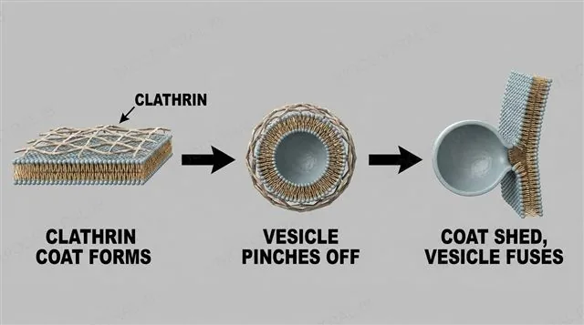 A clathrin lattice coating a membrane and pinching off a vesicle, then the coat detaching before the vesicle fuses with its target membrane, labeled