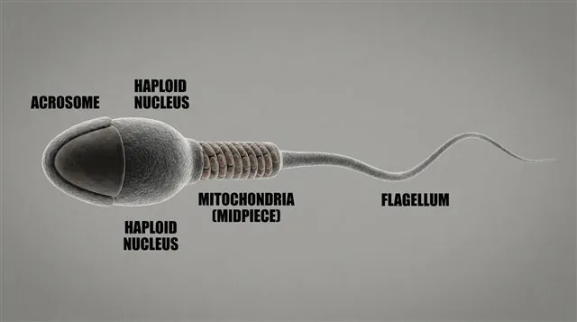 A sperm cell with a haploid nucleus, an acrosome cap, mitochondria packed in the midpiece, and a flagellum, labeled