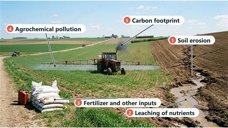 A photograph of a farm with five numbered labels: 1 soil erosion (a gully on a bare ploughed slope), 2 leaching of nutrients (muddy water in a stream), 3 fertilizer and other inputs (sacks of fertilizer and a fuel can), 4 agrochemical pollution (a tractor spraying crops), 5 carbon footprint (exhaust smoke from the tractor)