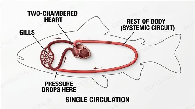 A simple circuit diagram of a bony fish's single circulation, showing a two-chambered heart pumping blood through the gills where pressure drops and then on to the rest of the body before returning to the heart, labeled