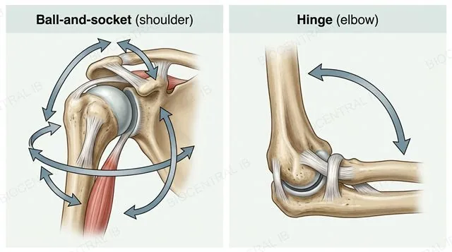 A ball-and-socket shoulder joint shown moving through multiple planes compared with a hinge elbow joint moving through one plane, with angle arcs labeled range of motion