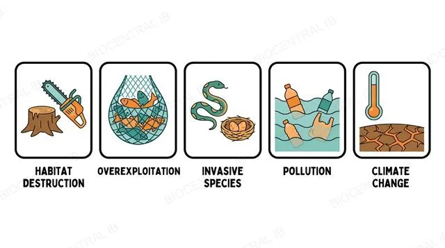 Five direct causes of anthropogenic species extinction: habitat destruction, overexploitation, invasive species, pollution, and climate change