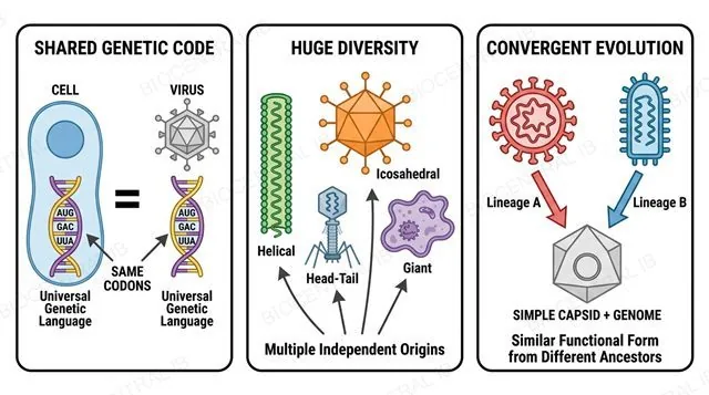 Three panels: shared genetic code between cells and viruses, huge diversity of virus shapes suggesting multiple origins, and convergent evolution toward the same capsid-plus-genome form