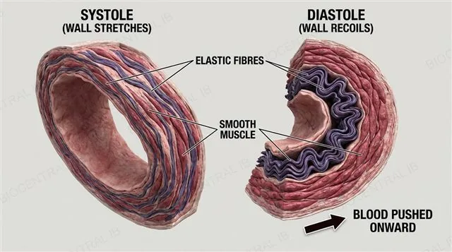 An artery wall cross section showing thick smooth muscle and elastic fibres in the tunica media stretching during systole and recoiling during diastole, with an arrow showing blood being pushed onward by the elastic recoil, labeled