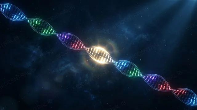 A long glowing DNA strand with a highlighted stretch representing a single gene