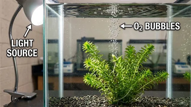 Aquatic pondweed underwater releasing a stream of oxygen bubbles from a cut stem under lamp light, labeled