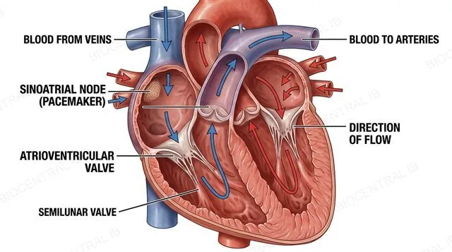 A frontal-plane diagram of the mammalian heart tracing the unidirectional flow of blood from named veins through the atrioventricular valves into the ventricles and out through the semilunar valves into named arteries, with the sinoatrial node marked in the wall of the right atrium as the pacemaker, labeled