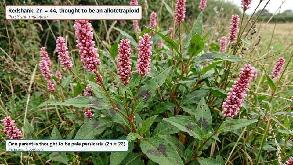 A clump of redshank, Persicaria maculosa, with pink flower spikes and dark-blotched leaves. Labels: 2n = 44, thought to be an allotetraploid; one parent is thought to be pale persicaria, Persicaria lapathifolia, 2n = 22