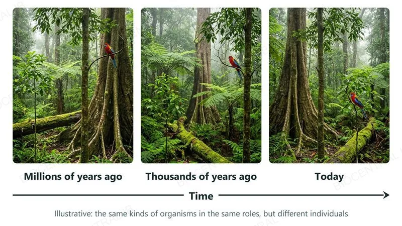 Three photographs of the same kind of rainforest at three times, millions of years ago, thousands of years ago and today (an illustrative reconstruction). Each has a tall buttressed tree, a smaller tree, a sapling, tree ferns, a bird and a fallen mossy log, but the individuals stand in different positions