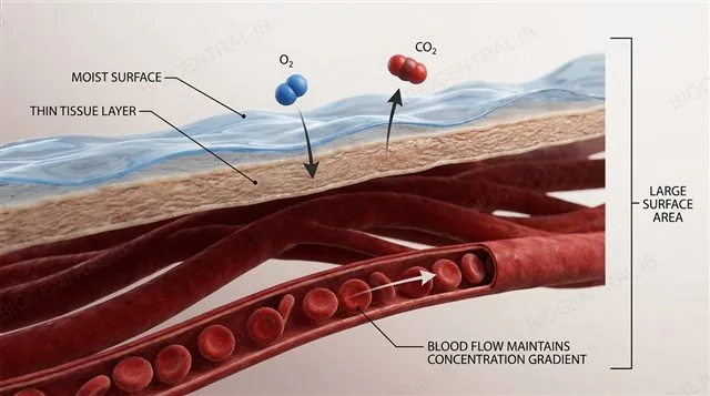 A generic gas exchange surface diagram: a thin moist membrane with gas molecules diffusing across a large surface area down a steep concentration gradient, labeled with permeability, thin tissue layer, moisture and large surface area