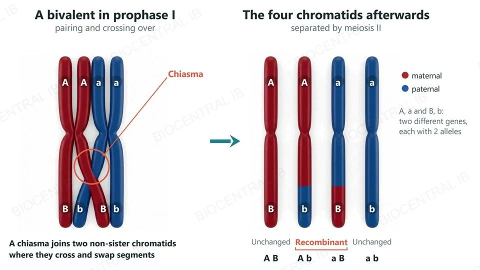 Two views of a pair of homologous chromosomes, one red (maternal) and one blue (paternal), each made of two sister chromatids, with two genes marked A/a and B/b. Left: the pair lies side by side and two non-sister chromatids cross at one chiasma near the bottom. Right: the four chromatids after the exchange: red A B unchanged, red A with a blue lower end b (recombinant), blue a with a red lower end B (recombinant), and blue a b unchanged.