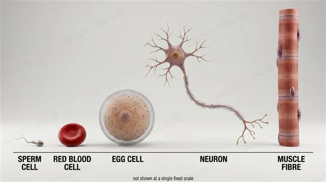 A size comparison of a sperm cell, egg cell, red blood cell, neuron and muscle fibre, labeled
