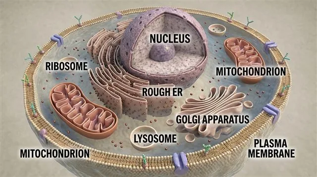 A generalized animal cell with major organelles labeled — nucleus, mitochondrion, ribosome, rough ER, Golgi apparatus, lysosome, plasma membrane