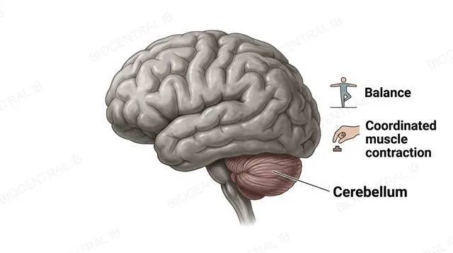 A side-profile brain with the cerebellum shaded and highlighted at the base, labeled cerebellum, balance and coordinated muscle contraction