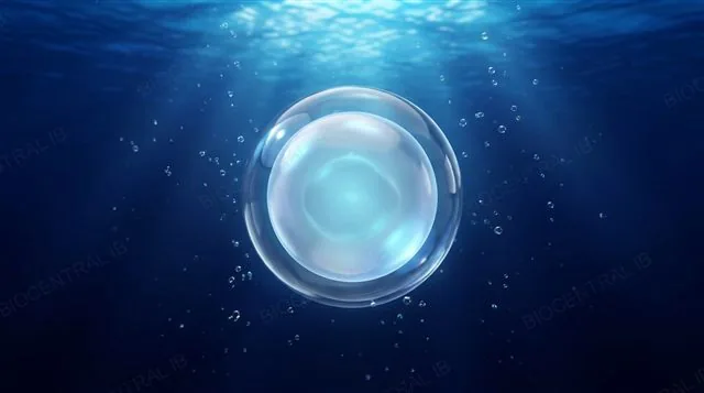 A simple cell-like vesicle glowing beneath the surface of Earth's primordial ocean