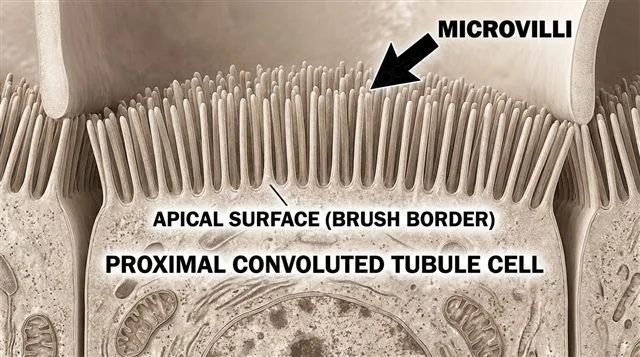 A proximal convoluted tubule cell with extensive microvilli on its apical surface, labeled