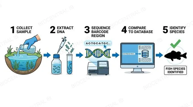 Five-step diagram of environmental DNA barcoding: collect sample, extract DNA, sequence barcode region, compare to database, identify species