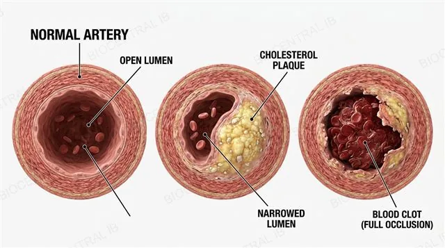 A coronary artery cross section progressing through three stages from a normal open lumen, to a cholesterol plaque narrowing the lumen, to a ruptured plaque with a blood clot fully occluding the vessel, labeled