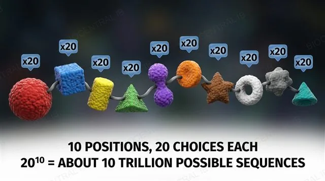 A short peptide chain of amino acid beads, each position marked with a times-20 badge to show that any of the 20 standard amino acids can occupy each position, giving an enormous number of possible sequences