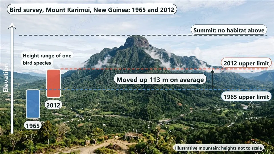 A photograph of a forested tropical mountain in New Guinea with the height range of one bird species drawn as a 1965 bar and a higher 2012 bar, dashed lines marking each upper limit with a label showing it moved up 113 metres on average, and the summit marked as having no habitat above