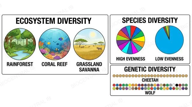 Three levels of biodiversity: ecosystem diversity (rainforest, coral reef, grassland), species diversity (high vs low evenness pie charts), and genetic diversity (cheetah vs wolf allele diagrams)