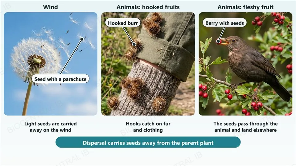 Three photographs of seed dispersal: wind carrying the parachute-like seeds of a dandelion; an animal carrying hooked burdock burrs on its fur (shown here on a hiker’s sock); and a bird eating a red berry, with the seeds carried inside it.