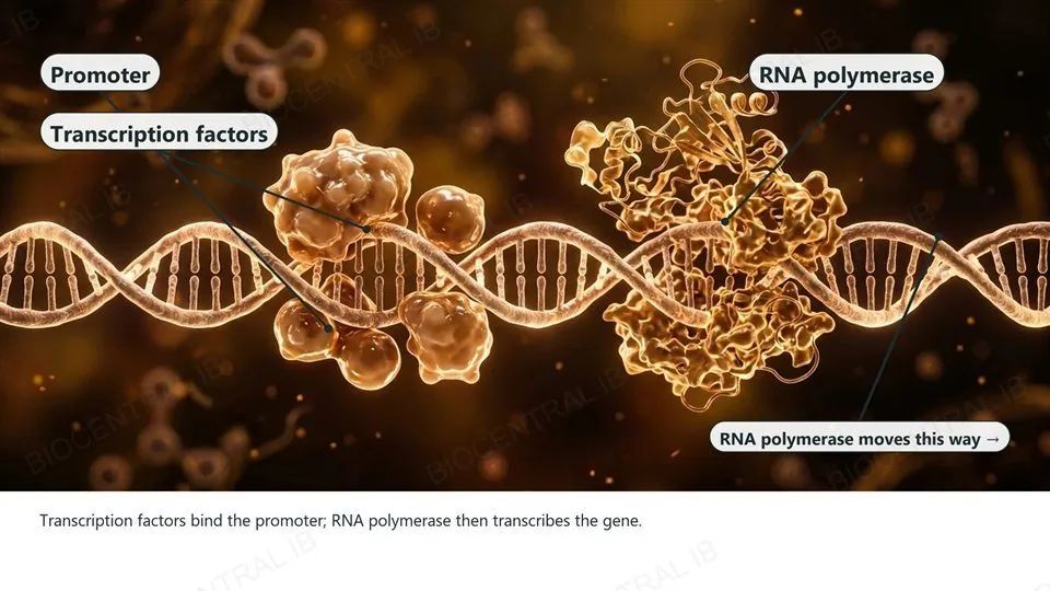 A DNA double helix with a cluster of transcription factor proteins bound near its centre, labeled Promoter and Transcription factors, and a larger RNA polymerase complex bound further along the strand, labeled RNA polymerase and moving this way.