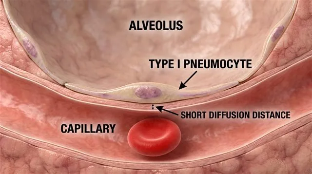A type I pneumocyte shown as an extremely thin flattened cell in the alveolus wall, minimising diffusion distance to a capillary, labeled