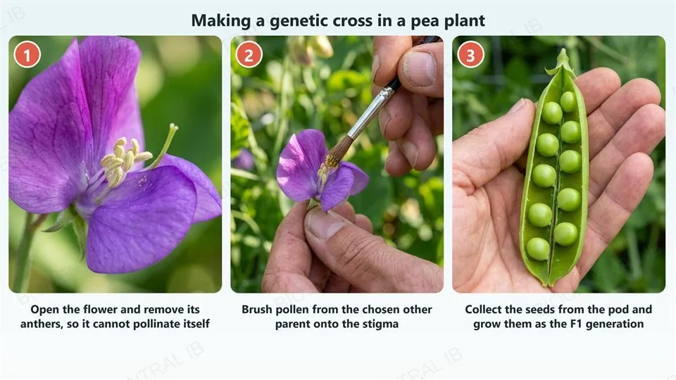 Three photographs of making a cross in a pea plant. 1: a purple pea flower opened to show its anthers and style, which is the flower whose anthers are removed so it cannot pollinate itself. 2: a hand brushing pollen from a fine paintbrush onto another purple pea flower. 3: a hand holding an open green pea pod showing a row of round peas, the seeds that are grown as the F1 generation.