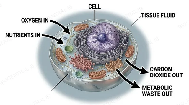 A tissue cell surrounded by tissue fluid, with arrows showing oxygen and nutrients diffusing from the tissue fluid into the cell and carbon dioxide and metabolic waste diffusing from the cell into the tissue fluid, labeled