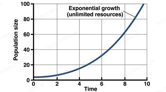 A flat line graph with numeric axes showing a single upward curving J-shaped exponential growth curve rising steeply from time zero with no plateau and no flat starting phase, labeled exponential growth unlimited resources