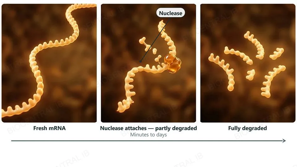 Three panels showing an mRNA strand over time: Fresh mRNA intact and smooth, then partly degraded with a nuclease enzyme attached near a fraying end, then fully degraded into several short disconnected fragments, with a Minutes to days timeline beneath.