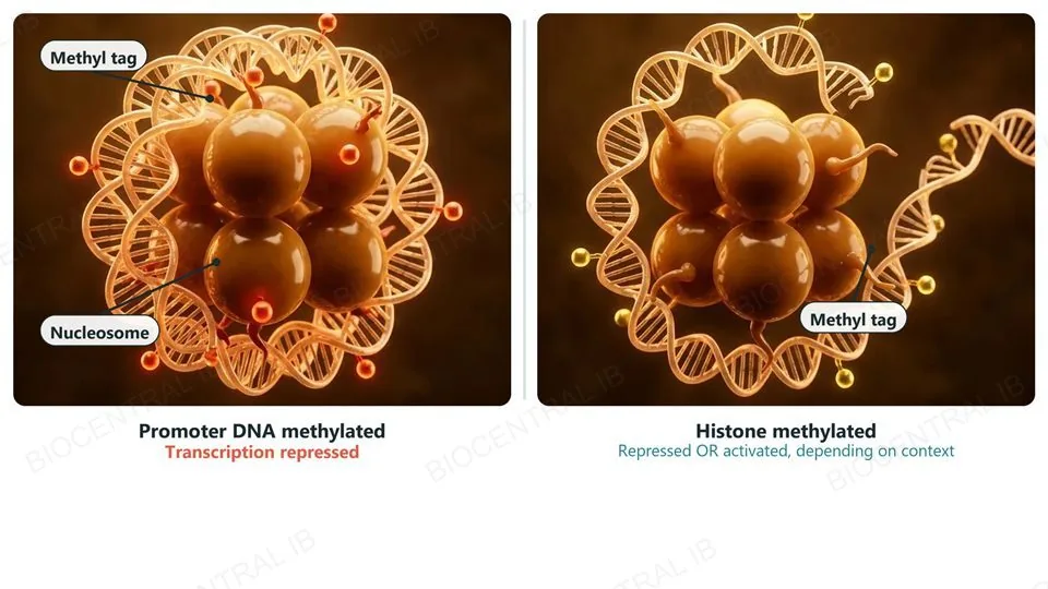 Two panels of DNA wrapped around a cluster of histone proteins (a nucleosome): left panel tightly wound and closed, labeled Promoter DNA methylated, Transcription repressed; right panel loosely wound and open, labeled Histone methylated, Repressed OR activated depending on context.