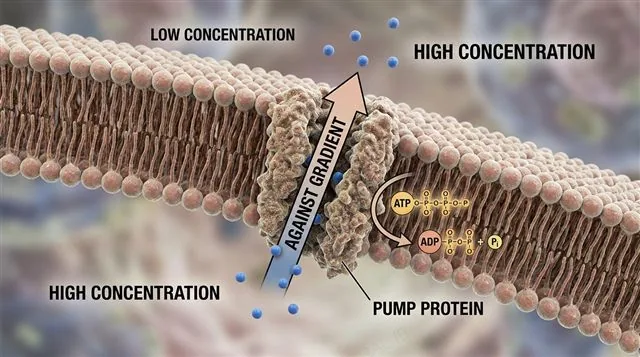 A pump protein using ATP to move a particle from low to high concentration, against the concentration gradient, labeled