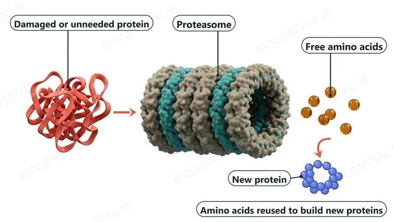 A tangled damaged protein heads toward a barrel-shaped proteasome, which breaks it into free amino acid beads. An arrow shows the amino acids being reused to build a new protein.