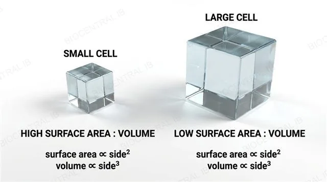 A small cube and a large cube compared, showing surface area growing as the square of side length while volume grows as the cube, so the small cube has a higher surface area to volume ratio, labeled
