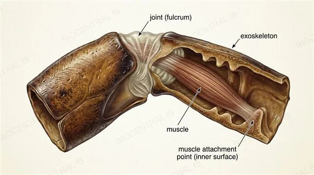A cross-section of an arthropod leg joint showing the rigid exoskeleton, muscles attached to its internal surface, and the joint acting as a fulcrum, labeled, photorealistic detail