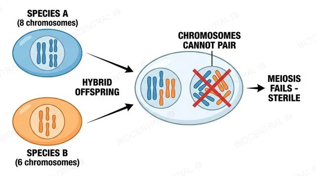 Diagram showing species A with 8 chromosomes and species B with 6 chromosomes producing hybrid offspring whose chromosomes cannot pair, so meiosis fails and the hybrid is sterile