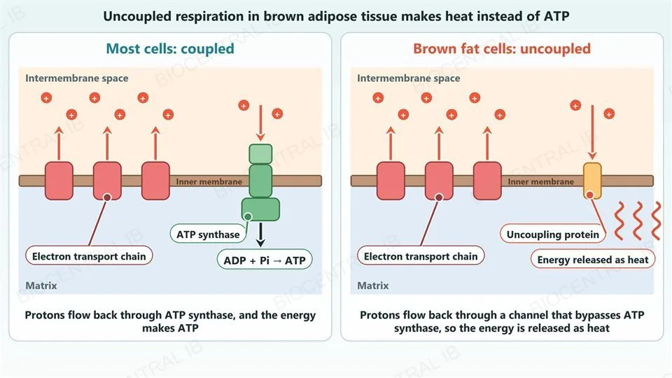 Two diagrams of a mitochondrial inner membrane, with the intermembrane space above and the matrix below. Left, most cells, coupled: three red electron transport chain complexes pump protons up into the intermembrane space, and the protons flow back down through ATP synthase, where ADP and phosphate become ATP. Right, brown fat cells, uncoupled: the same three complexes pump protons up, but the protons flow back down through an uncoupling protein channel instead of ATP synthase, and wavy red lines show the energy released as heat.