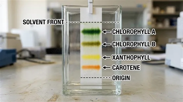 Chromatography paper strip showing separated chlorophyll a, chlorophyll b, xanthophyll and carotene pigment bands with origin and solvent front lines labeled