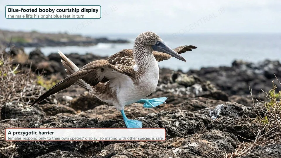 A blue-footed booby on lava rocks lifting one bright blue foot in its courtship display. Labels: a prezygotic barrier, females respond only to their own species’ display
