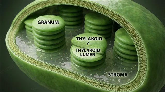 A chloroplast cutaway showing thylakoids stacked into grana with a small internal lumen, and the surrounding stroma, labeled
