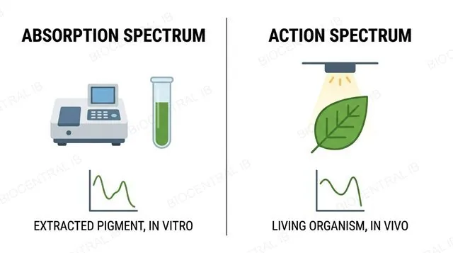 Side by side diagram comparing an absorption spectrum obtained from an extracted pigment in vitro against an action spectrum obtained from a living leaf in vivo, labeled
